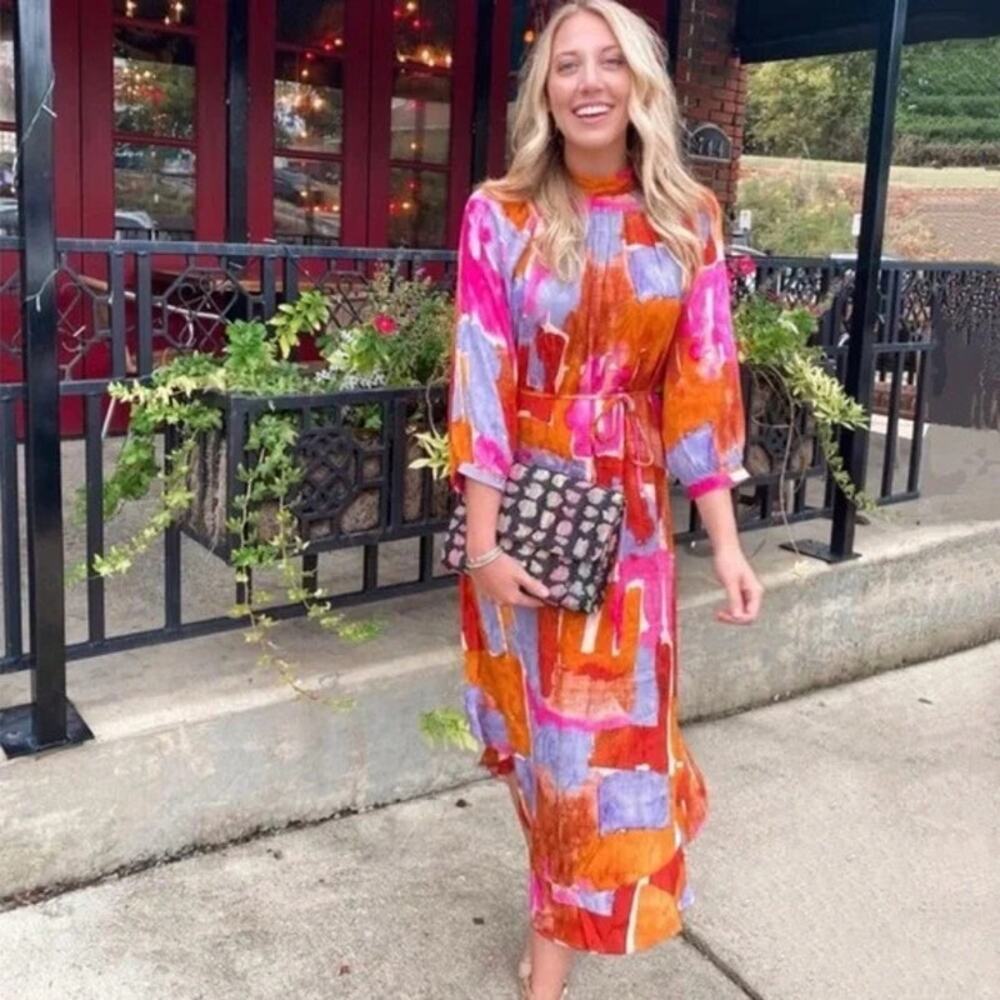 ANTHROPOLOGIE Maeve Jessamine Mock Neck Midi Maxi Dress Size XS Pink Orange